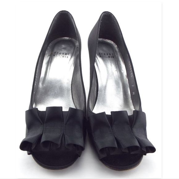 Stuart Weitzman Black Satin Ruffle Peep Toe Heel Pumps 7 - Picture 3 of 8